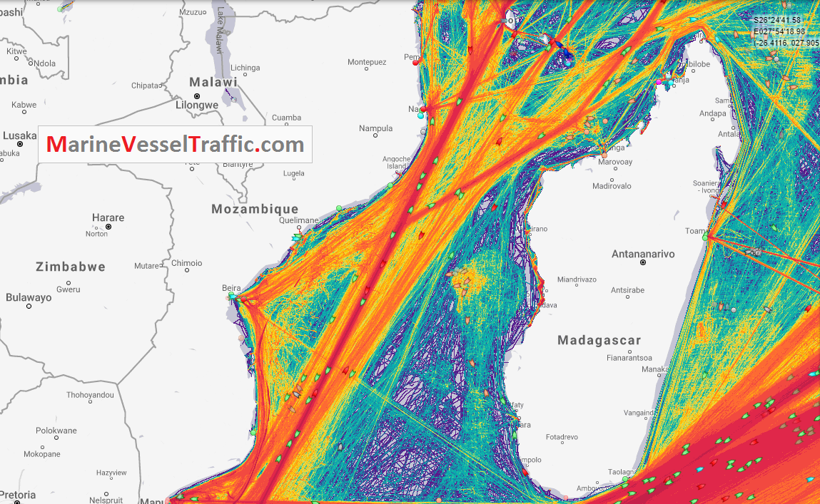 Live Marine Traffic, Density Map and Current Position of ships in MOZAMBIQUE CHANNEL